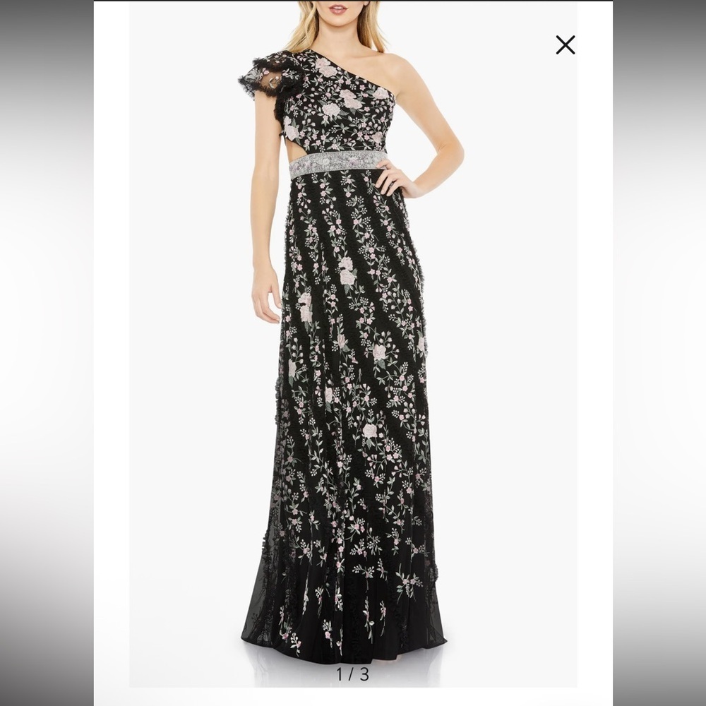 Mac Duggal Floral Embroidered One-Shoulder Gown